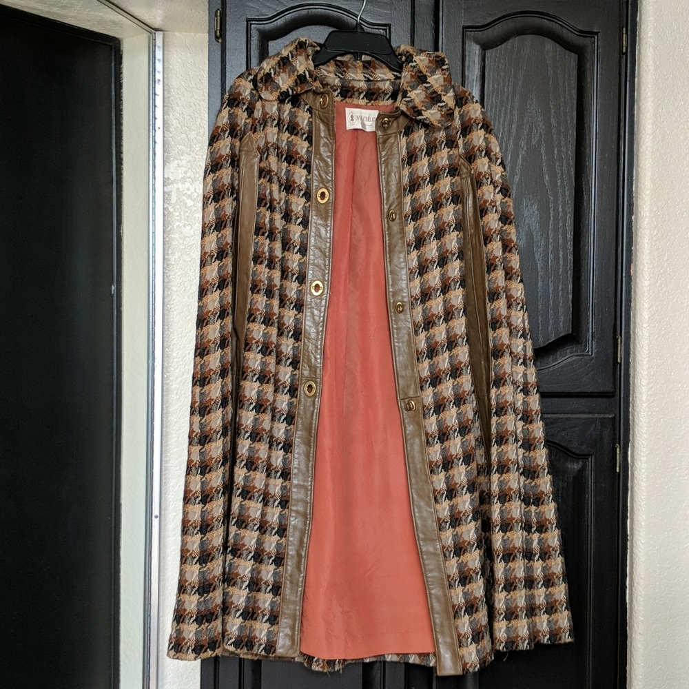 Vintage tweed cape with leather trim
